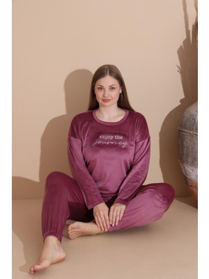 Boyraz Kadın Kışlık Fransız Kadife Büyük Beden Bisiklet Yaka Uzun Kol Pijama Takımı 03147 - 1 Adet