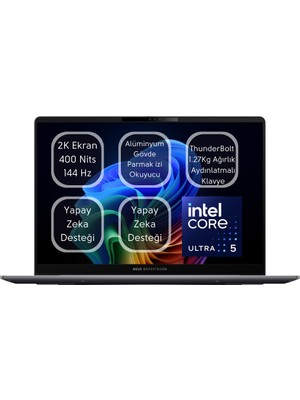 Asus Expertbook P5 Intel® Core™ Ultra 5 226V 16GB Ram 4TB SSD Laptop 14" 2k Wuxga Freedos Taşınabilir Bilgisayar  P5405CSA-I516512S0D