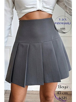 KaSheHa Kadınlar İçin Kalın Pileli Gri Mini Etek 45 cm Dokuma Kumaş A-Line Bel Kesimi Trend Parça