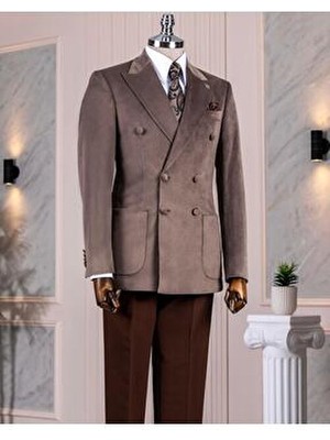 Italyan Stil Kadife Kruvaze Erkek Tek Ceket Vizon T11031