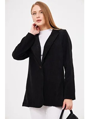Kadın Siyah Tek Düğmeli Kadife Ceket ARM-24K001043