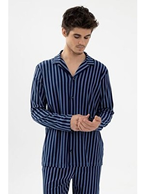 Erkek Mavi Çizgili Pamuklu Kombinli Gömlek Yaka Pijama Takımı
