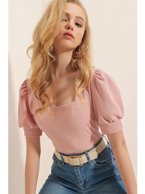 Hiccup Kadınlar BDART Slim Fit Kare Yaka Bluz Toz Pembe