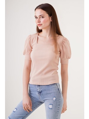 Hiccup Kadınlar BDART Slim Fit Kare Yaka Bluz Kunduz Kahverengisi
