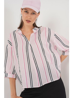Hiccup Kadın BDART Çizgili V Yaka Bluz Karanfil Pembesi