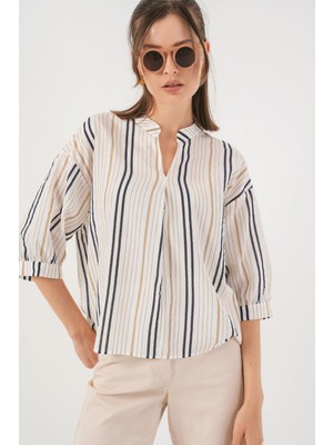 Hiccup Kadın BDART Çizgili V Yaka Bluz Bej Doğal