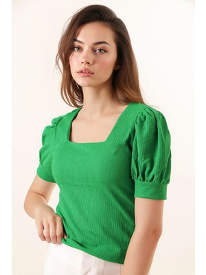 Hiccup Kadınlar BDART Slim Fit Kare Yaka Bluz Nane Yeşili