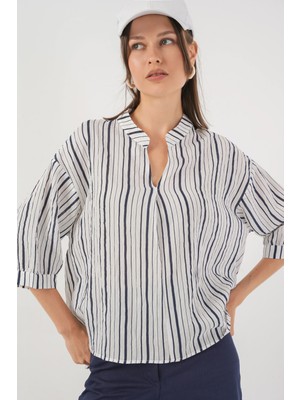 Hiccup Kadınlar BDART Çizgili V Yaka Bluz Mavi