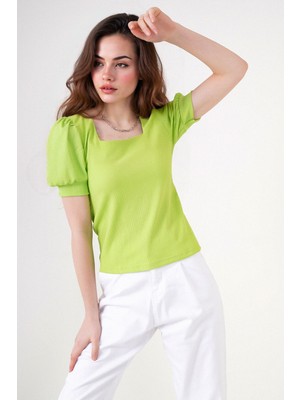 Hiccup Kadın BDART Slim Fit Kare Yaka Bluz Limon Yeşili