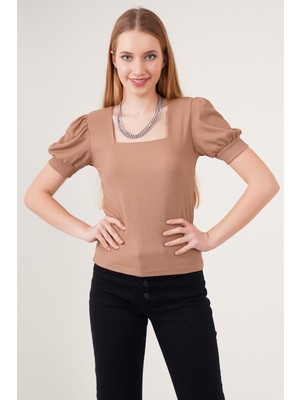 Hiccup Kadınlar BDART Slim Fit Kare Yaka Bluz Deve Kahvesi