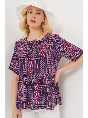 Hiccup Kadın BDART Desenli Bisiklet Yaka Bağlama Detaylı Bluz Bordo Kırmızı