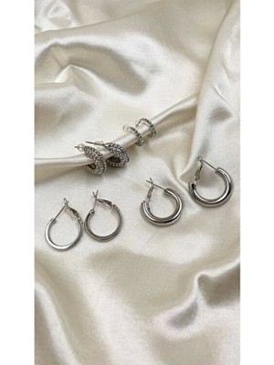 Gümüş Renk 4 Çift Küçük Boy Taşlı Klipsli Küpeler