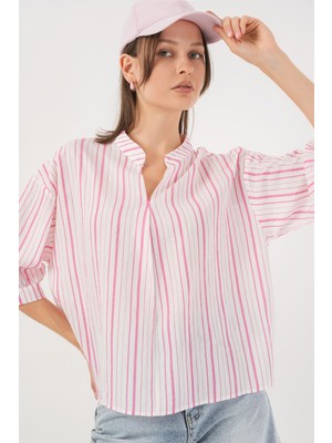 Hiccup Kadın BDART Çizgili V Yaka Bluz Toz Pembe