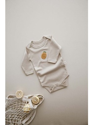 Ananas Nakışlı Uzun Kollu Body Unisex 12 - 18 Ay İçin Fitted Kesim Bej Renk