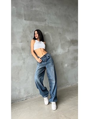 DENİKK Trend M Beden Wide Leg Loose Fit Denim Pantolon Orta Kalınlık Pamuklu Çizgili Tasarım