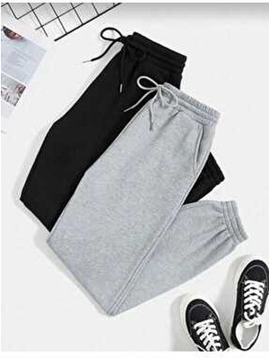 Ikili Jogger Eşofman Altı-Siyah ve Gri Lastik Paça Yüksek Bel Kışlık Eşofman(2 Iplik)