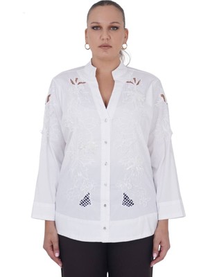Kadın Büyük Beden Delikli Nakışlı Pul Işleme Motifli Gömlek