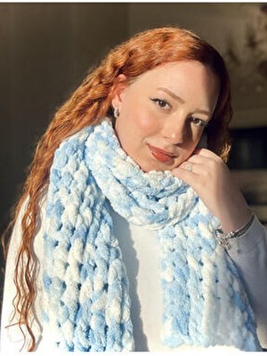 El Yapımı Bebek Mavisi Renkli Yumoş Atkı Tüm Yaş Grupları İçin Çizgili Pamuk Materyal Sezonluk Ürün