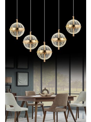 Küre 5'li Yemek Masası Gold 3 Renk Gold LED Modern Ledli Avize