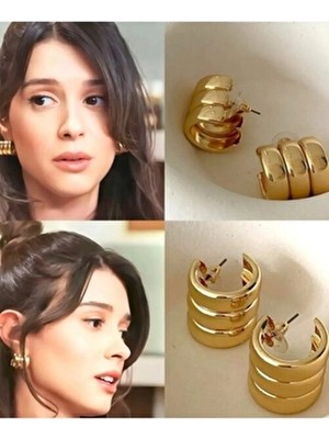 Kadın Gold Premium 3 Sıra Bombeli Küpe