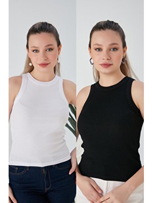 Beyaz Siyah Zargo Model 2'li Set Fitted Geniş Biyeli Halter Yaka Fitilli Esnek Örme Crop Bluz