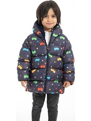 Erkek Çocuk Kapüşonlu Kışlık Şişme Mont & Kaban Araba Yıldız Ay Desenli Rüzgar Geçirmez