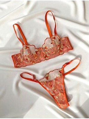 La Linaa Flora Portakal Kadın Bralet Takım Turuncu Çiçek Desenli Balen Özellikli Rahat İç Giyim Seti