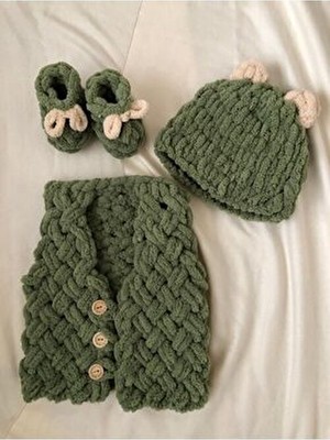 Babyist Alize Puffy Bebek Yelek Patik Şapka Takım Yeşil Renkli Yumuşak Materyal ile Şık Tasarım