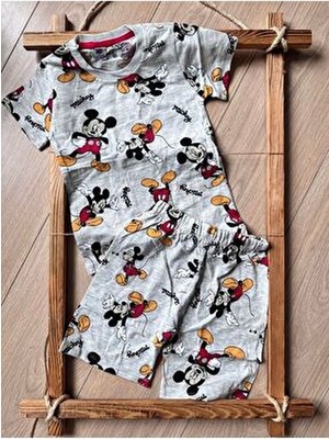 Bebtaş Minnie Mouse Yazlık Şortlu Takım Kız Çocuk Slim Kalıp Dokuma Kumaş Baskılı Desenli Gri
