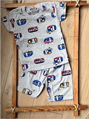 Bebtaş Kadın Yazlık Şortlu Takım Gri Düz Desenli Slim Kalıp Kısa Kollu Dokuma