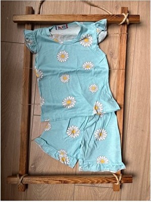 Bebtaş Papatyalı Yazlık Takım Kadın Slim Kalıp Mavi Dokuma Kumaş Kısa Kollu Sezonluk Rahat Giyim