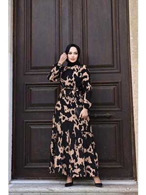 Kadın Yazlık Tesettür Kuşaklı Dokuma Viskon Kumaş Şık Elbise