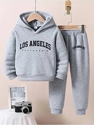 Sinser Teks Gri Kapşonlu Eşofman Takımı Çocuklar İçin Pamuklu Baskılı Günlük Stil 5XL - 6XL