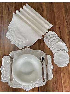 Curly Modeli Ekru Nakışlı 12 Parça Set Amerikan Servis ve Kokteyl Sunum Peçetesi
