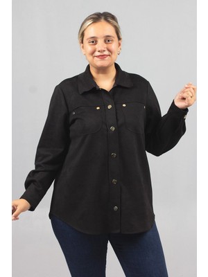 Truva Xxl Büyük Beden Kadın Siyah Süet Gömlek Uzun Kol Gece - Günlük Stil Oversize Kesim