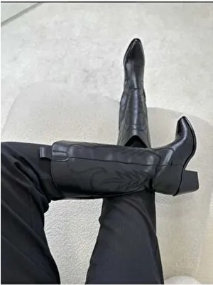 Ptn Duppy Kadın Western Kovboy Nakışlı Tam Kalıp Rahat Çizme- Siyah