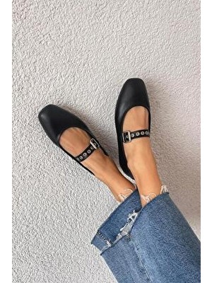 Straswans Jules Kadın Siyah Kemer Detaylı Deri Babet Neolit Tabanlı Günlük Kullanım İçin Rahat