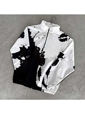 Unisex Beyaz Baskılı Fermuarlı Yağmurluk & Rüzgarlık