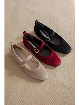 Straswans Berny Kadın Bordo Kadife Babet Suni Deri Tabanlı Şık Tasarım Tüm Sezonlar İçin Uygun