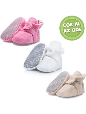 Kaydırmaz Taban, Organik %100 Pamuk Astarlı , Bebek Panduf ,3'lü Ekonomik Paket (Pembe-Beyaz-Bej)