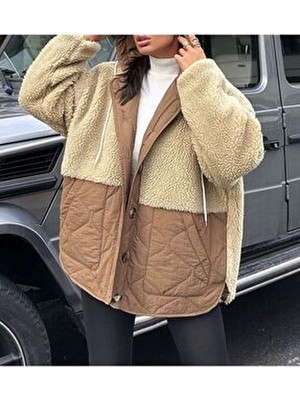 Peluşlu Bol Kesim Kahverengi Mont