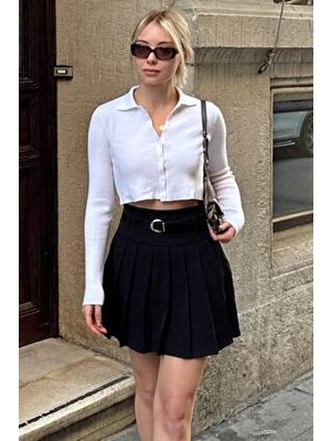 Swist Kadın Siyah Mini Etek Kemerli Full Pileli Dokuma Kumaş Yaz Sezonu İçin Şık Tasarım