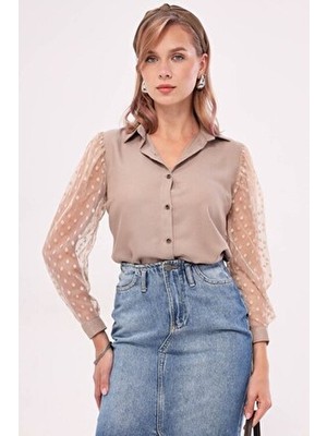 Kadın Bej Kolları Tül Gömlek ARM-20K001068