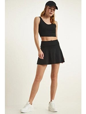 Siyah Darkalıp Yüksek Bel Içi Taytlı Tenis Etek Darkalıp Polyamid Kumaş Mini Etek 40 cm