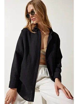 Kadın Siyah Cepli Oversize Müslin Gömlek MX00150