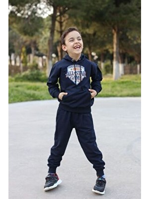 Kapşonlu Kanguru Cepli Çocuk Baskılı Mevsimlik Eşofman Takımı