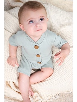 Kısa Kollu Tahta Düğmeli Organik Tulum Bebek Takım