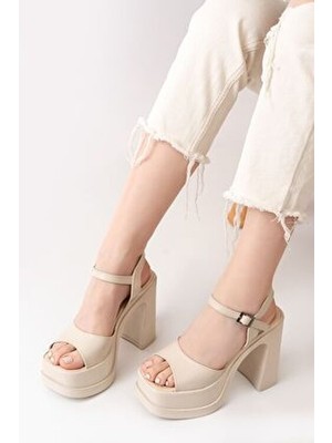 Asmi Shoes Kadın Tek Bantlı (12cm) Platformlu Topuklu Ayakkabı  krem