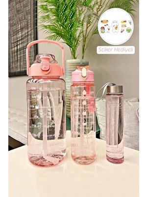 madamev 3'lü Soft Pink Şeffaf Motivasyonel Su Matarası Plastik Kapasiteli Sporcu Su Şişesi