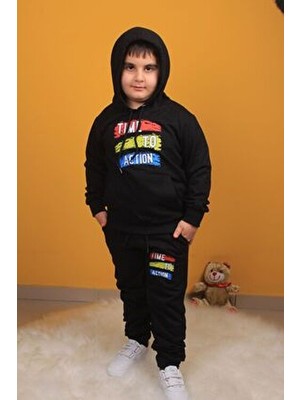 Gri Kapşonlu Çocuk  Baskılı Eşofman Takımı